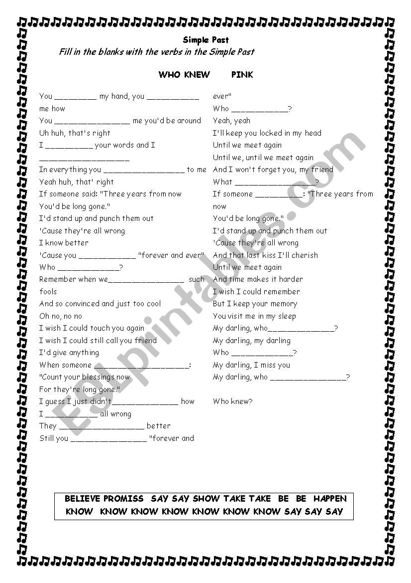 Pink - Who Knew worksheet
