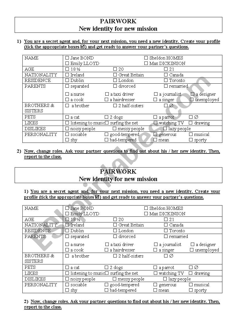 New identity for new mission worksheet