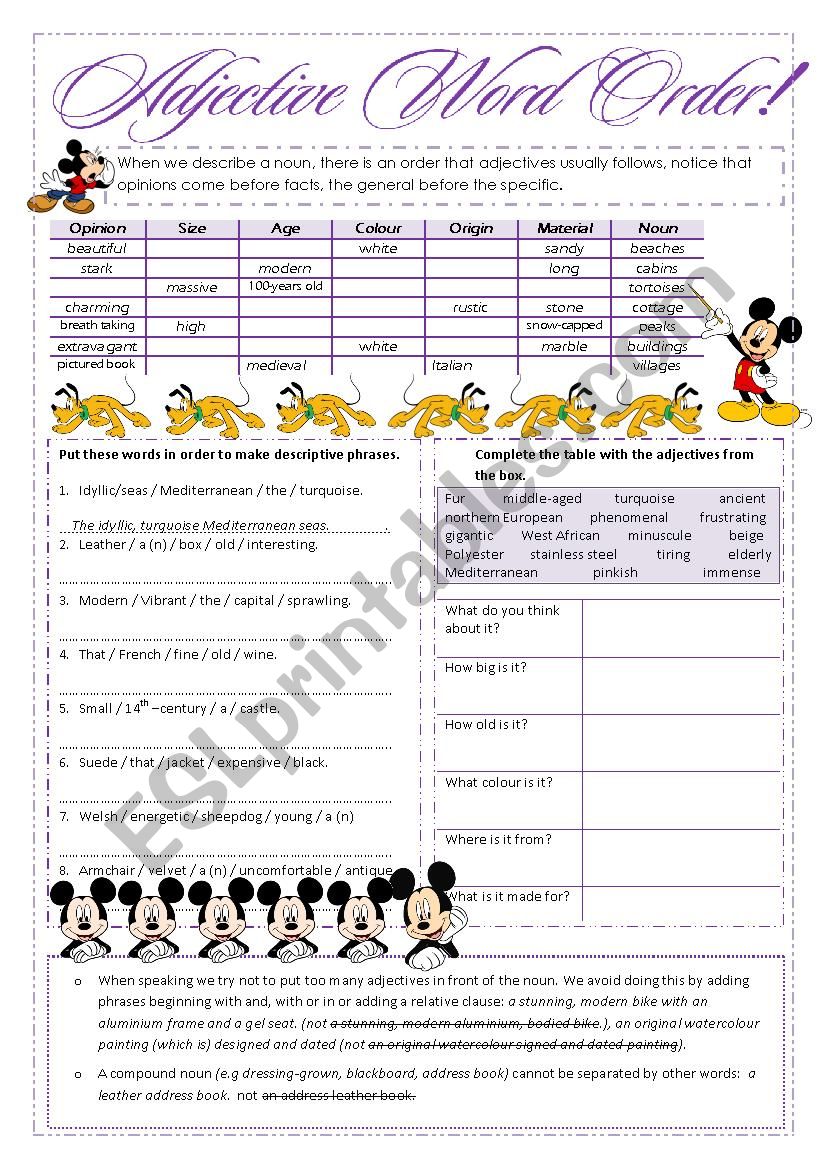 adjectives order worksheet