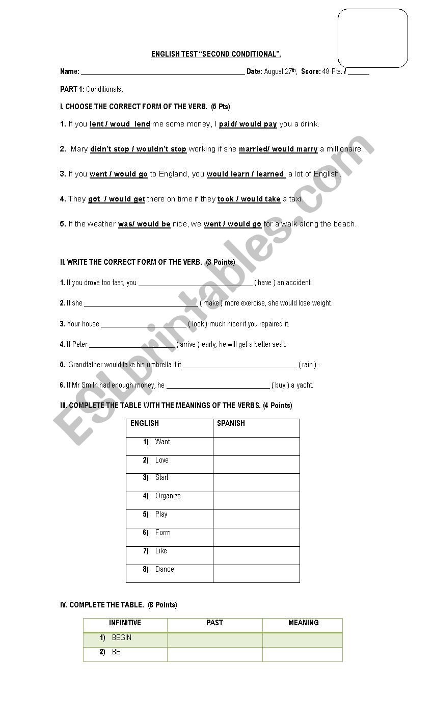 conditional tests  worksheet