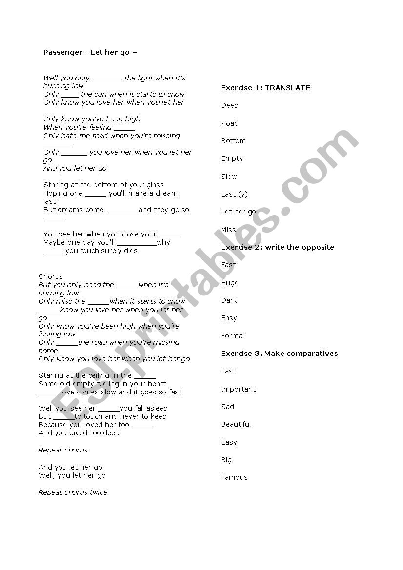 song:let her go by Passenger worksheet