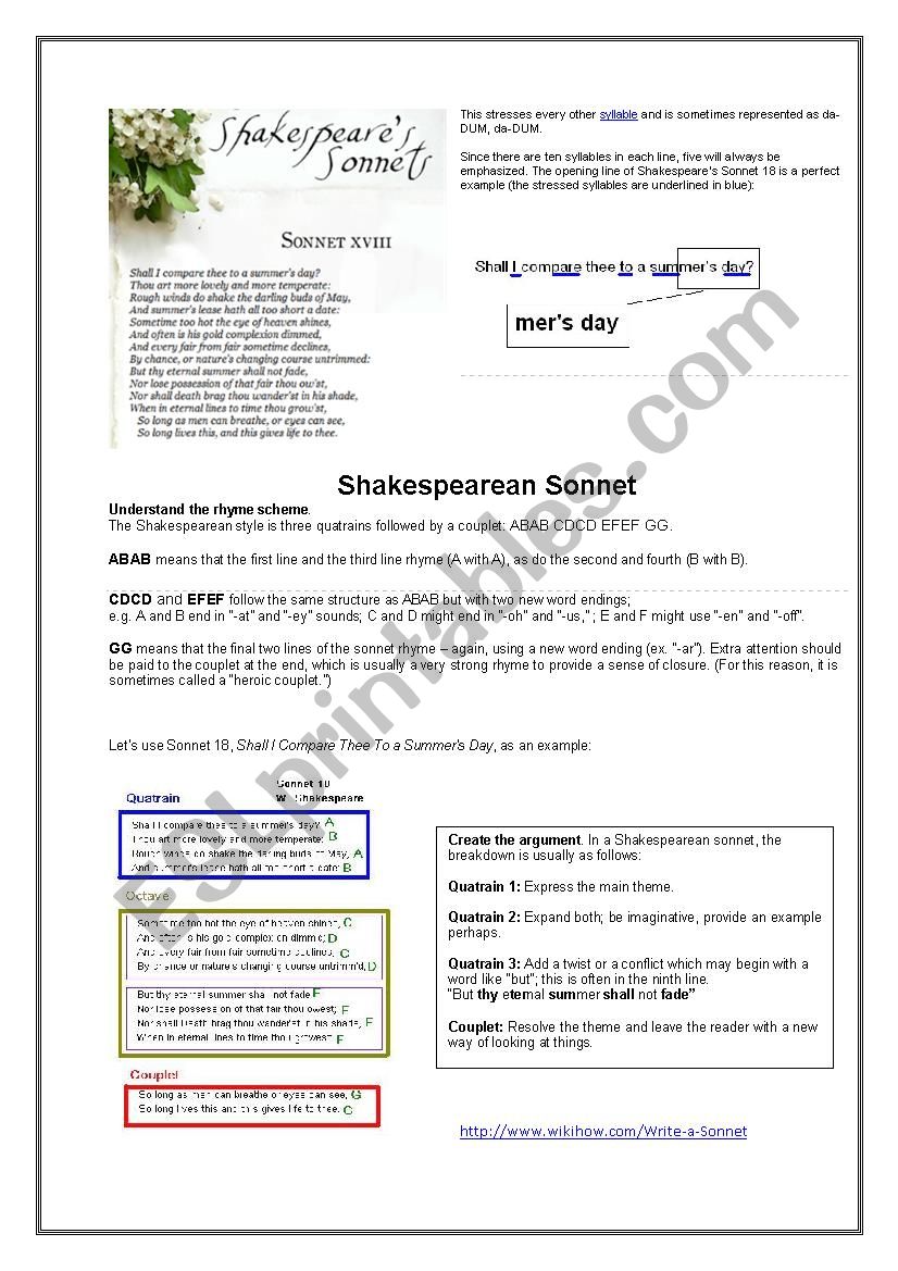 Write a Shakespearean Sonnet worksheet