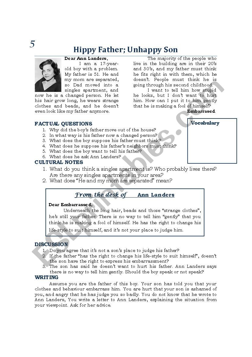 Ann Landers Advice Column worksheet