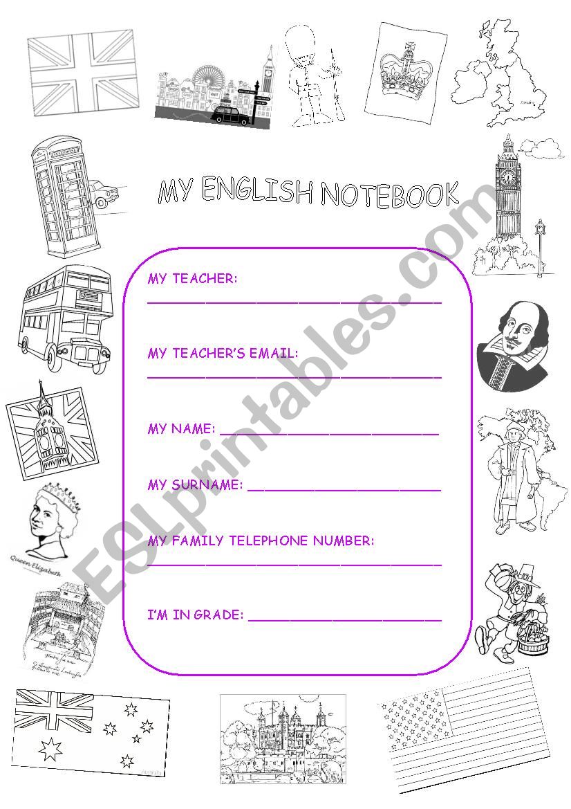 ENGLISH NOTEBOOK COVER worksheet