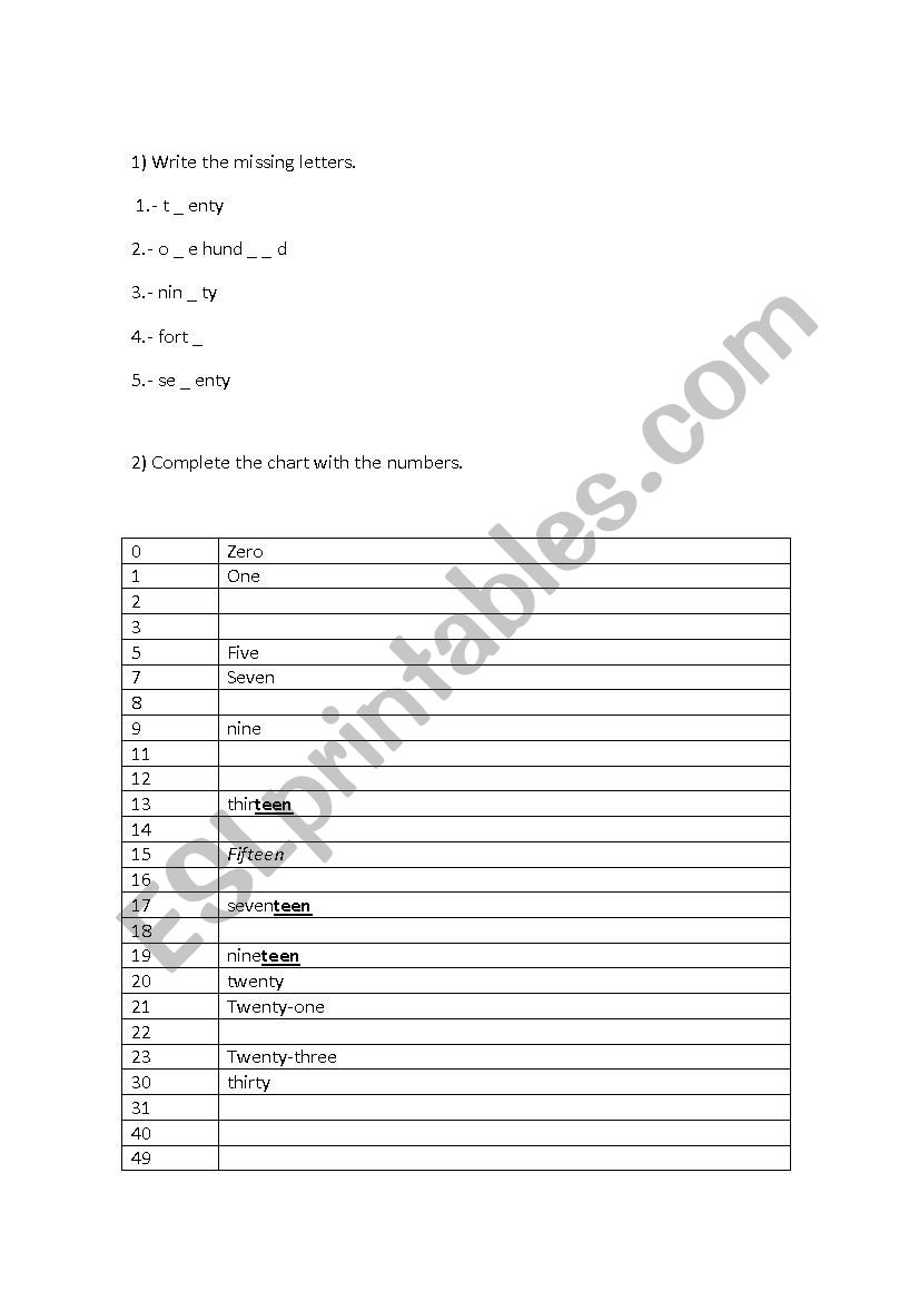 Numbers worksheet