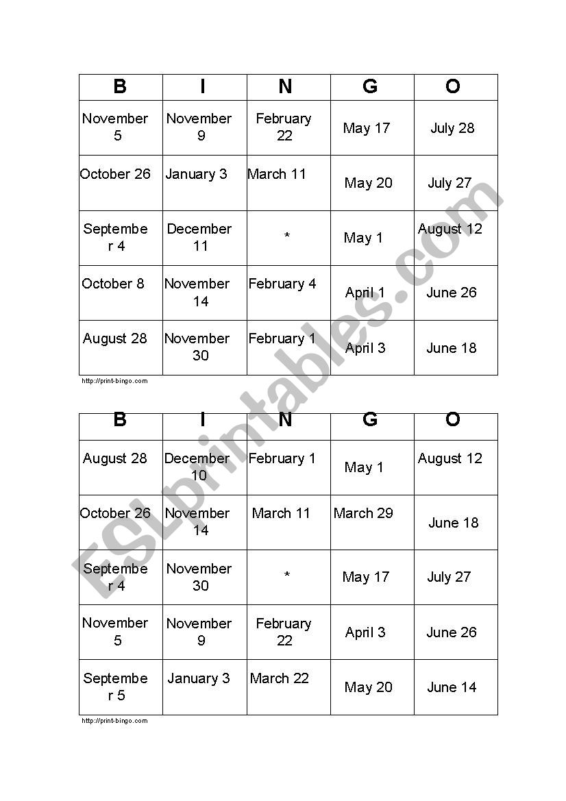 Dates Bingo worksheet