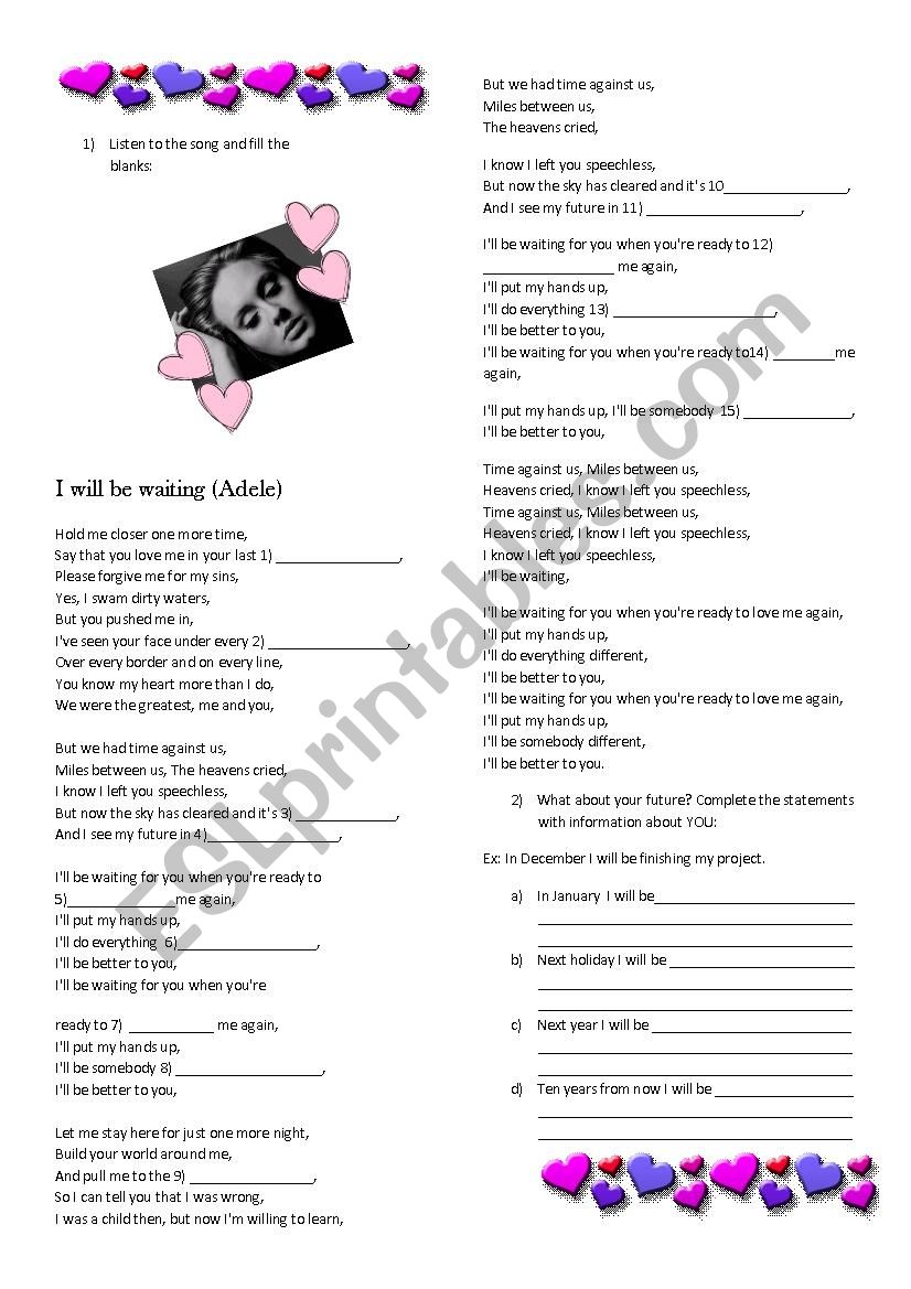 Adele - I will be waiting worksheet