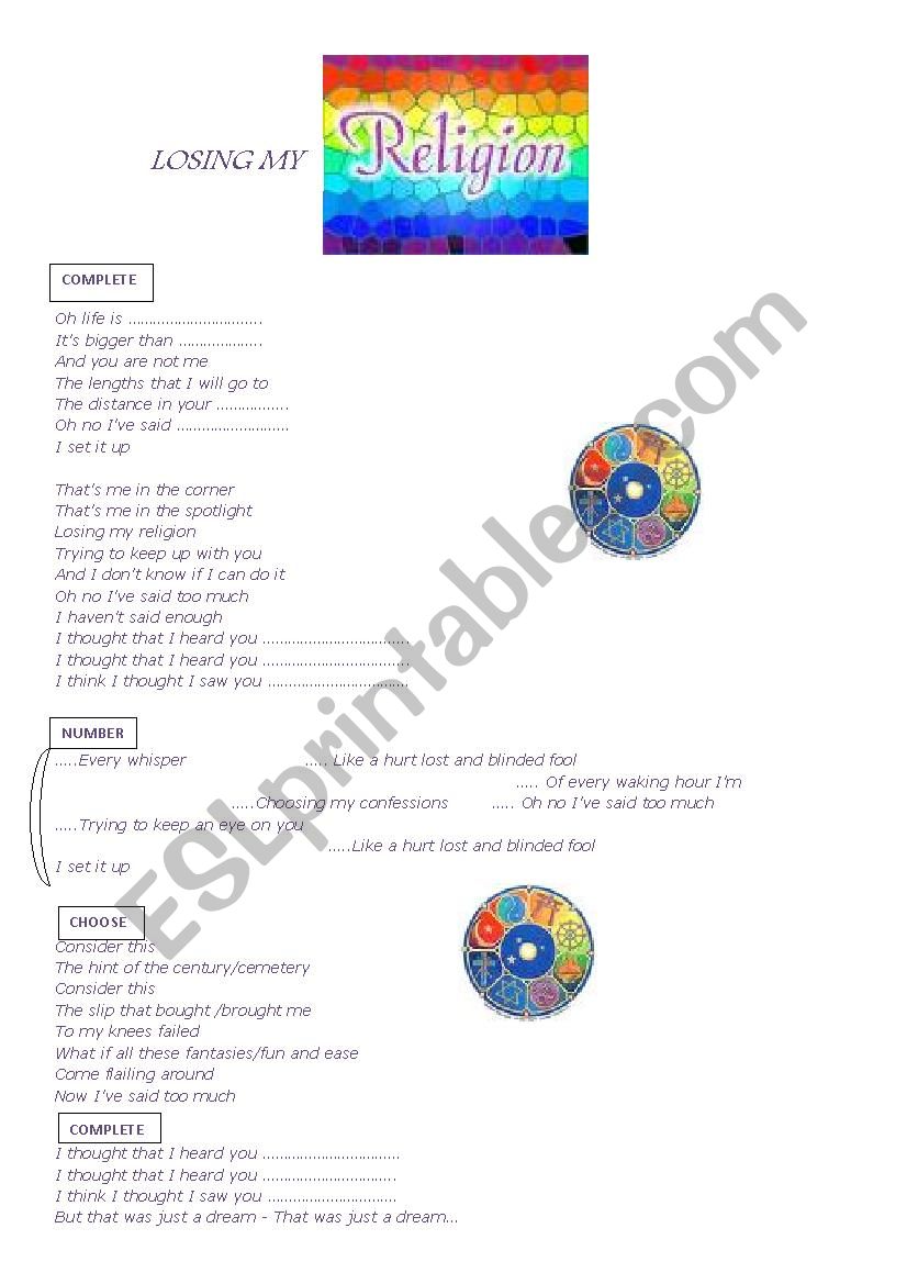 LOSING MY RELIGION worksheet