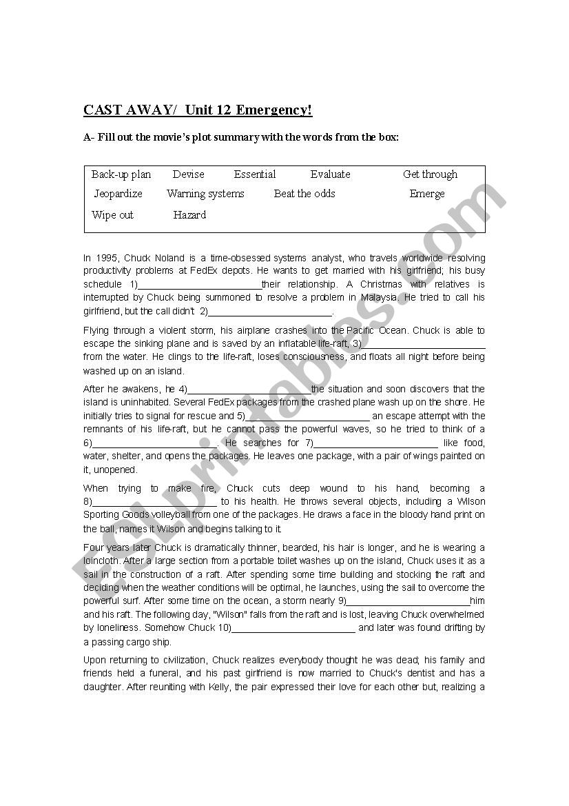 Cast Away movie worksheet worksheet