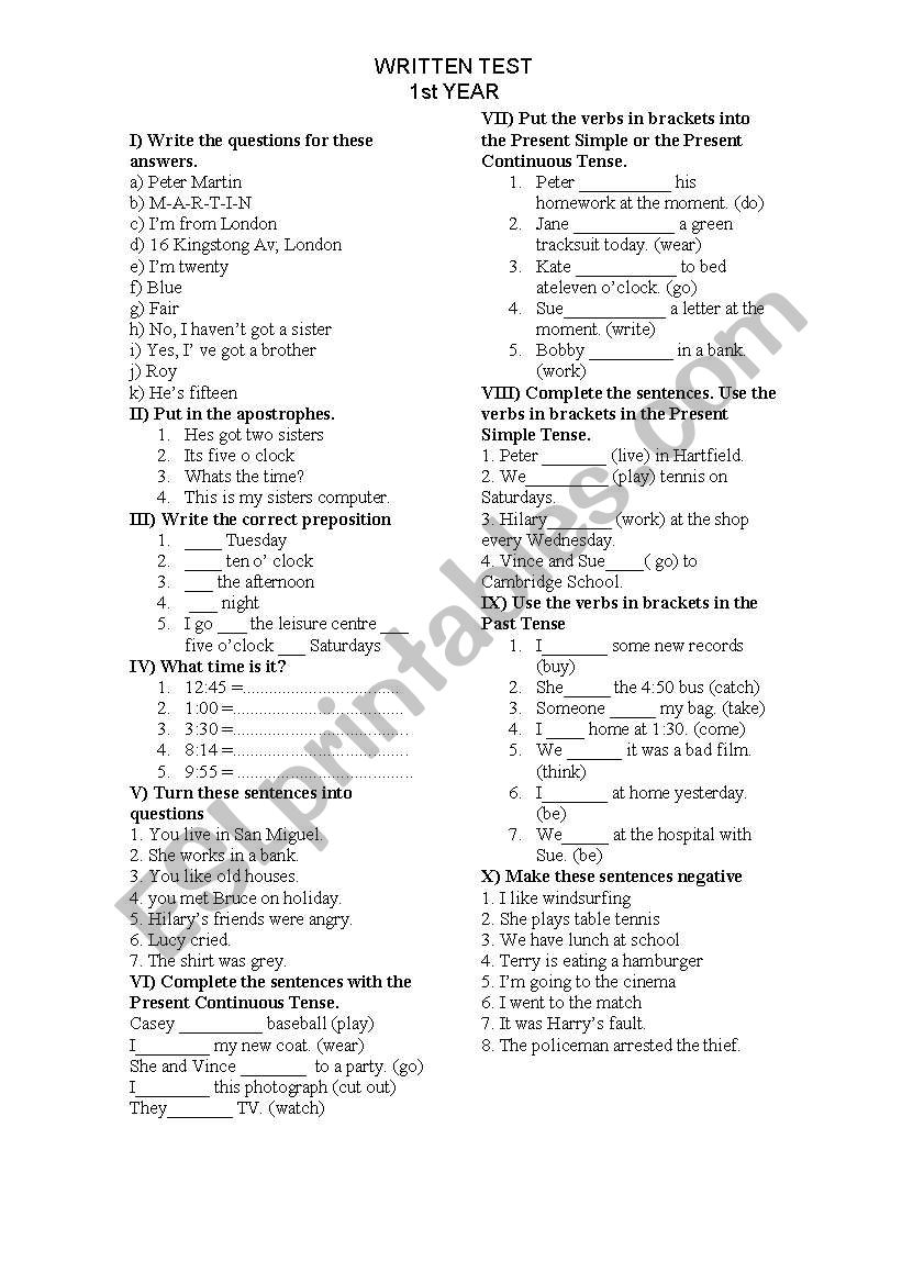 Revision 1st year worksheet