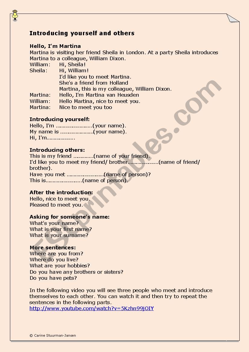Introducing Yourself And Others Esl Worksheet By Stuurman