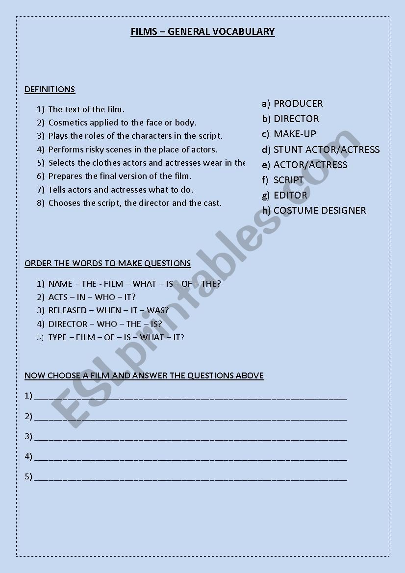 FILMS (general vocabulary) worksheet