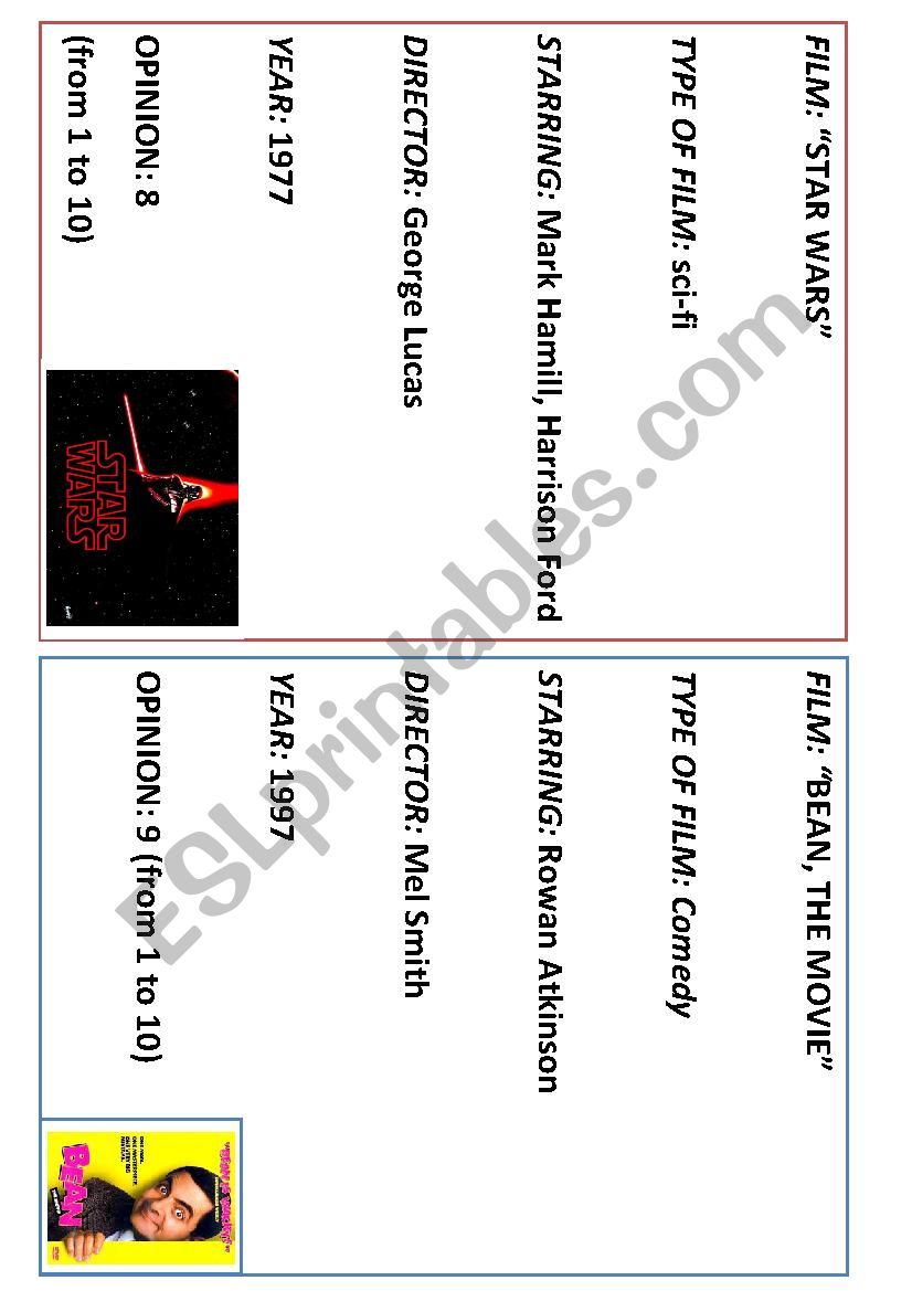 information about films - cards for oral work