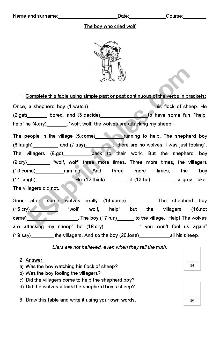 The boy who cry wolf worksheet