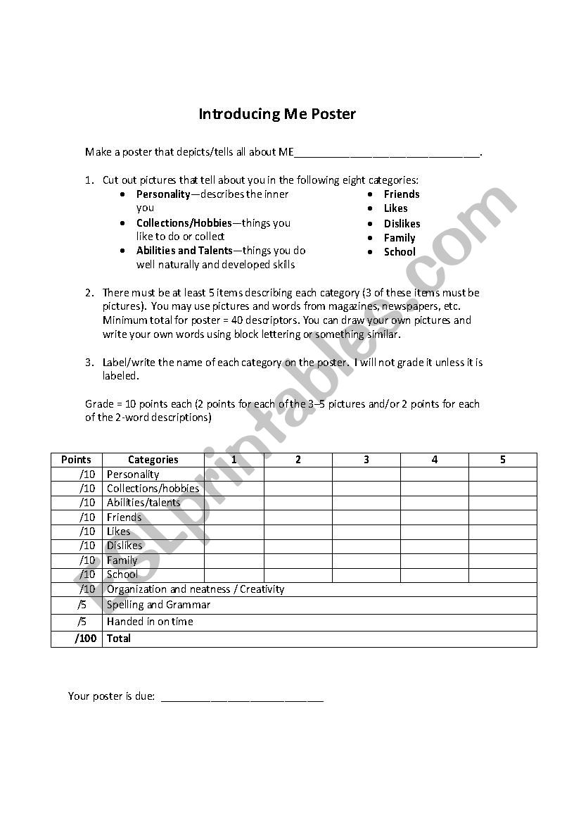 Introducing me Poster worksheet