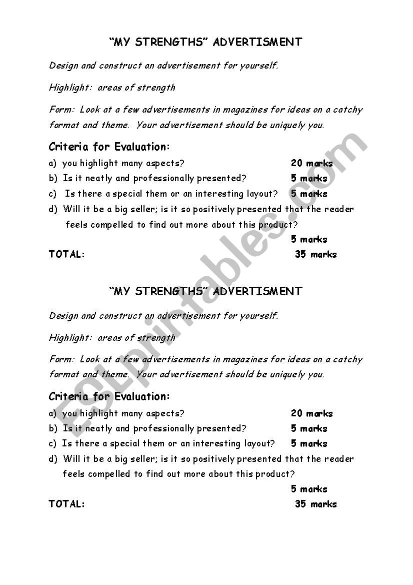 My Strengths Advertisment worksheet