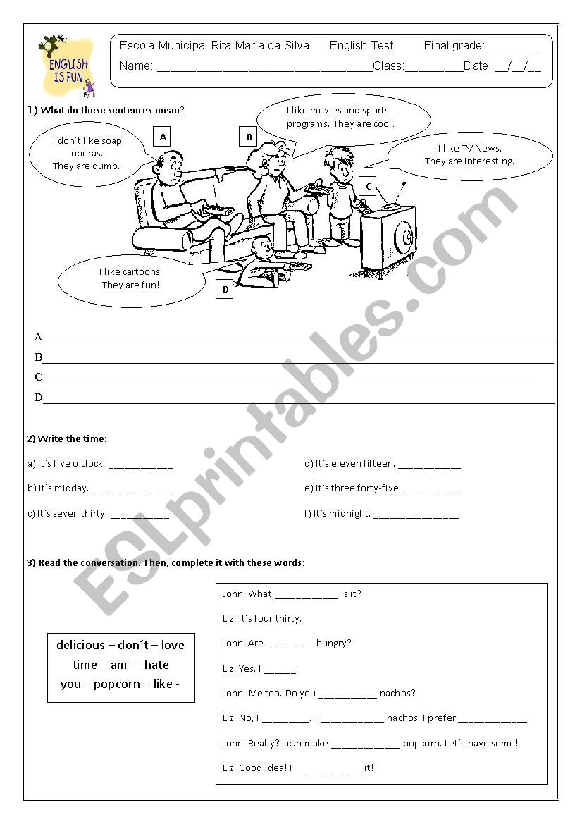 Elementary test worksheet