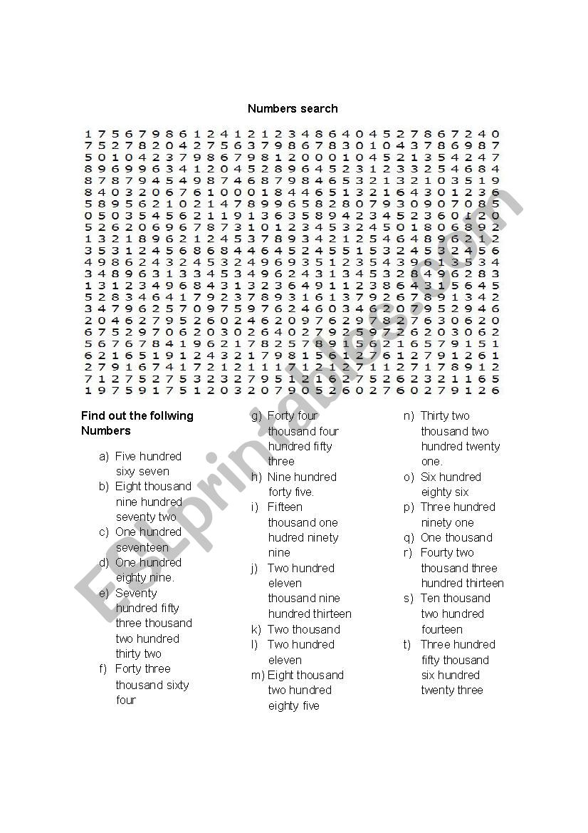 Numbers search worksheet