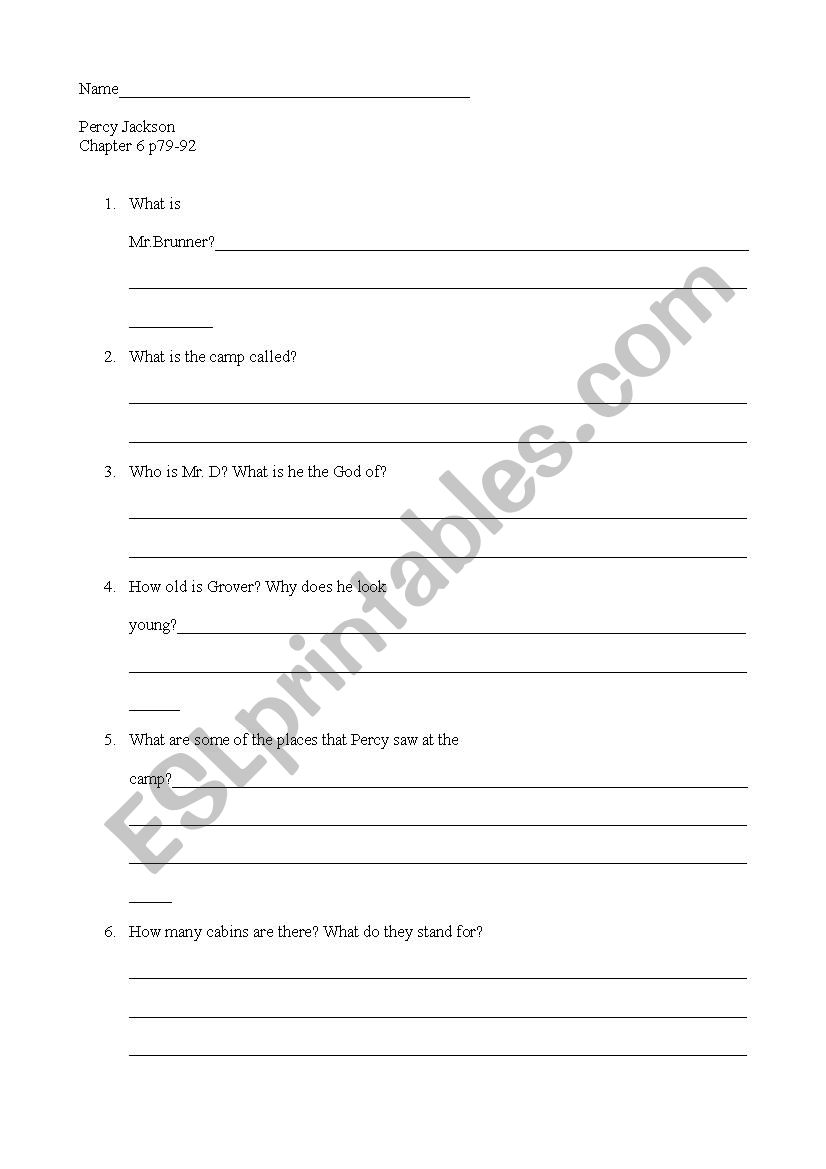 Percy Jackson Chapter 6 worksheet