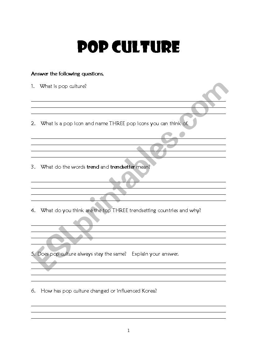 pop culture worksheet