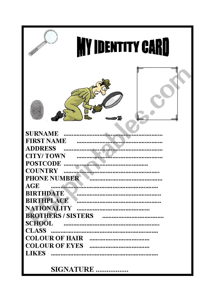 MY IDENTITY worksheet