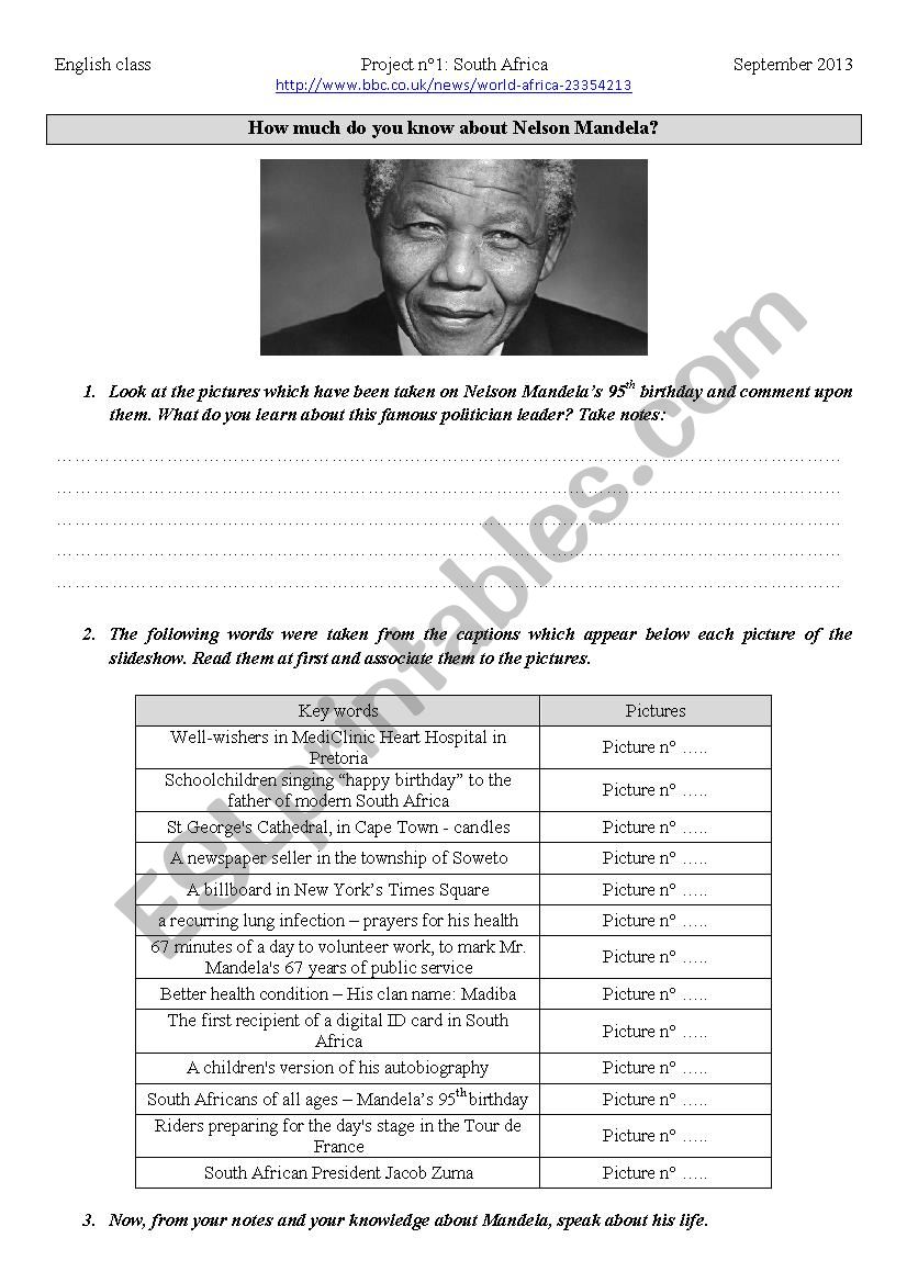Mandelas birthday worksheet
