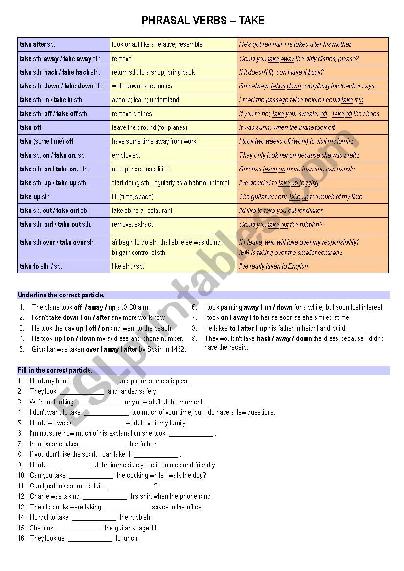 Phrasal Verbs TAKE (exercises with key included)