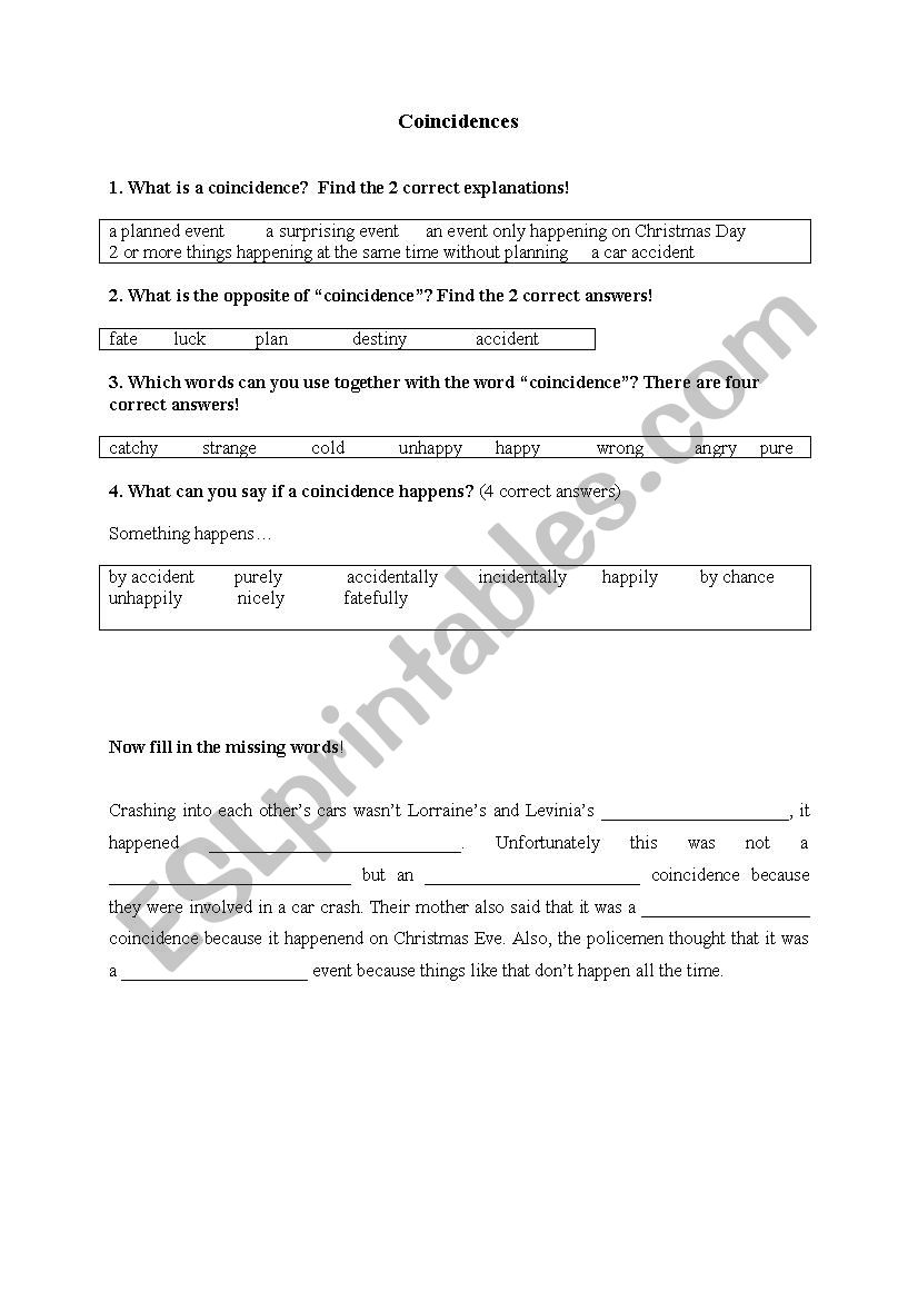 Coincidences worksheet