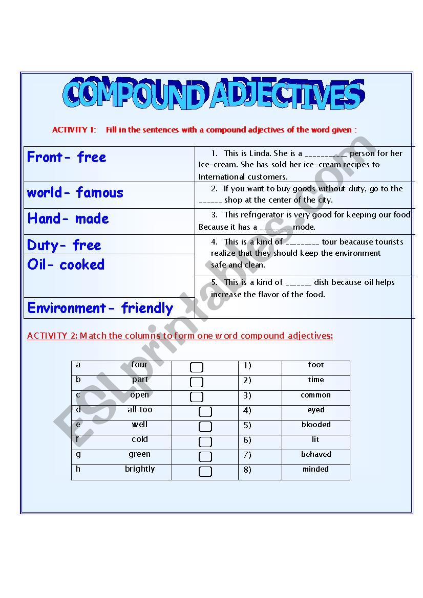 compound adjectives worksheet