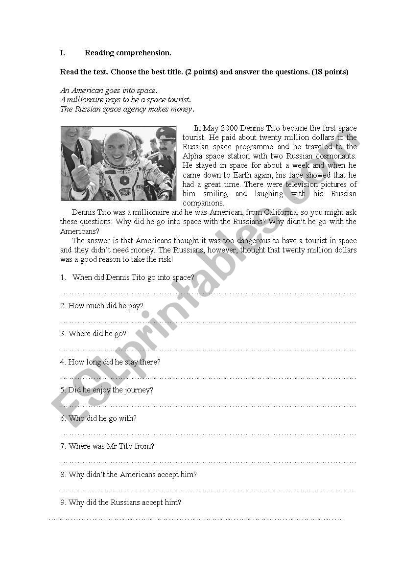 Space tourist. worksheet