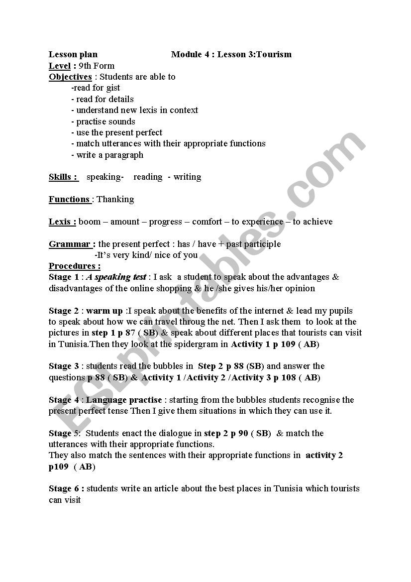 Module 4 Lesson 3 Tourism 9th Form ESL Worksheet By Eyyaa