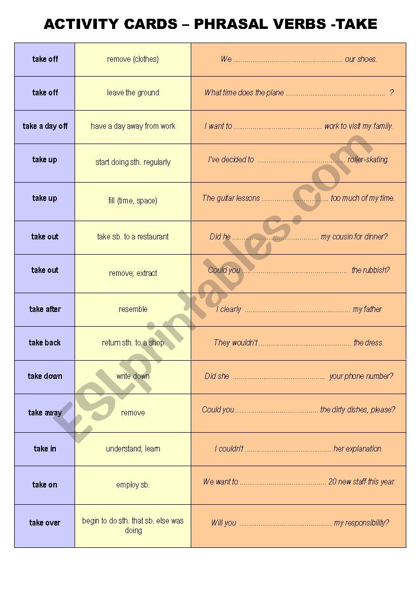 Phrasal Verbs TAKE (Activity Cards)