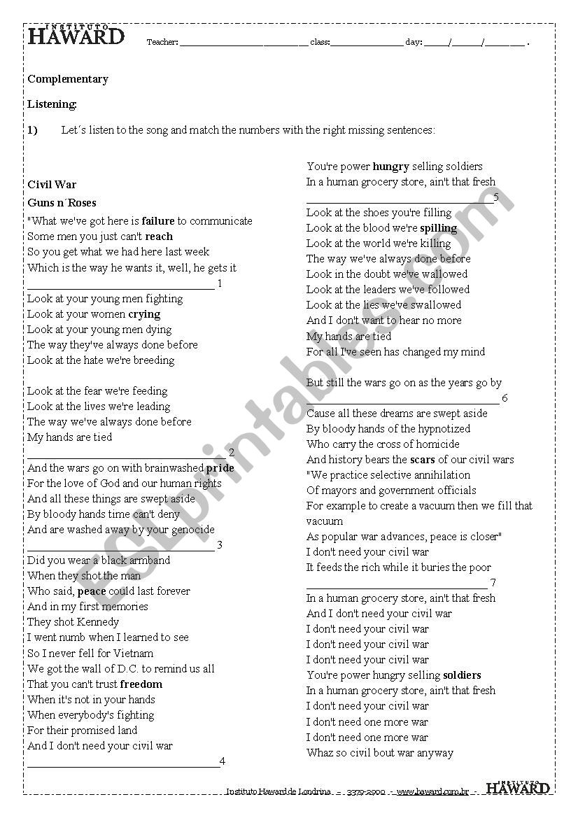 Guns and Roses  - Civil War worksheet