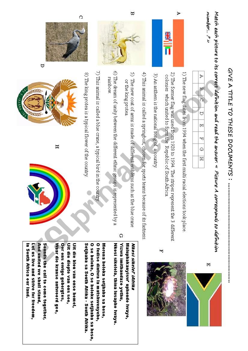 SOUTH AFRICA + SYMBOLS worksheet