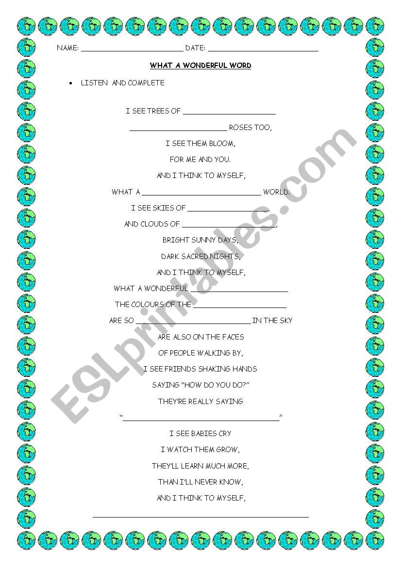 What a wonderful world  worksheet