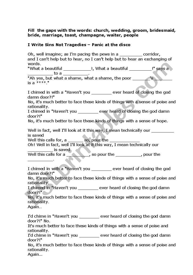 English Worksheets I Write Sins Not Tragedies Panic At The Disco