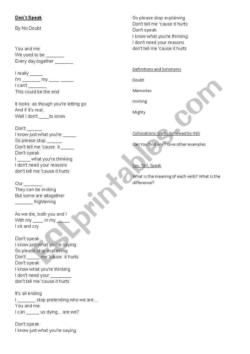 Dont Speak by No Doubt worksheet