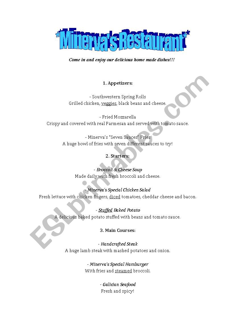 Sample Menu for Restaurant Role Play