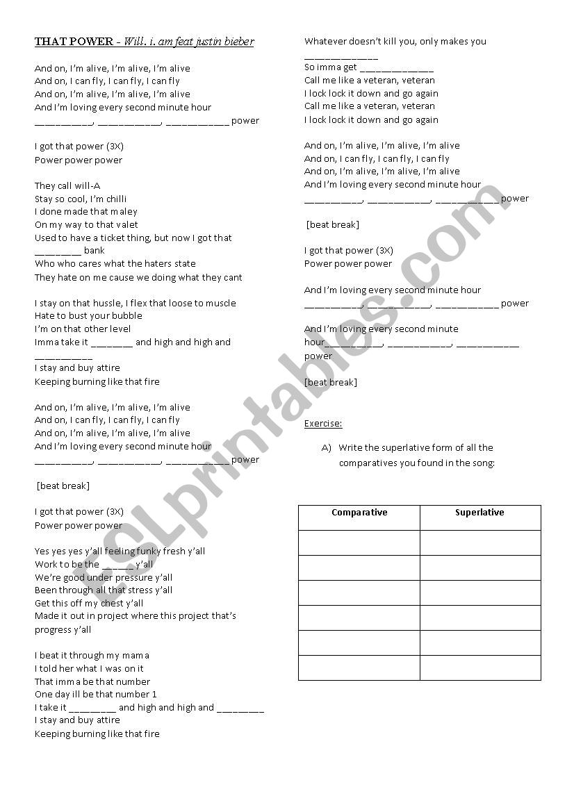 Song: That power worksheet