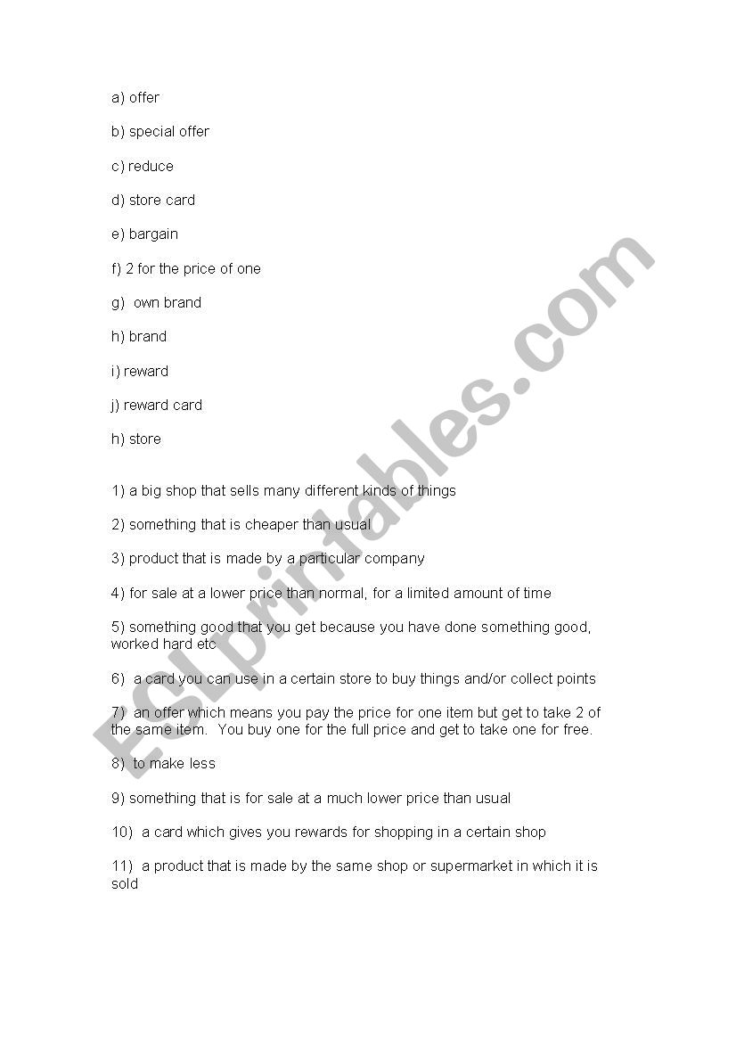 Special Offers Vocab MAtching Task