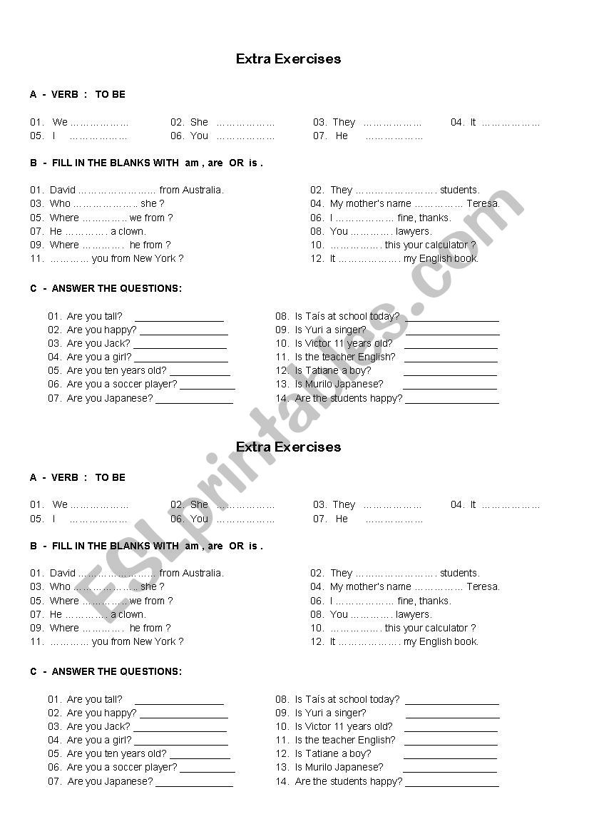 Verb to be worksheet