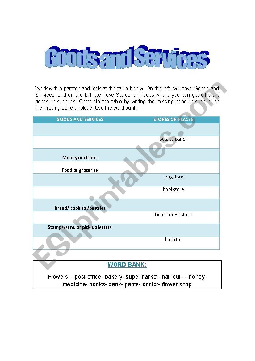 GOODS AND SERVICES worksheet