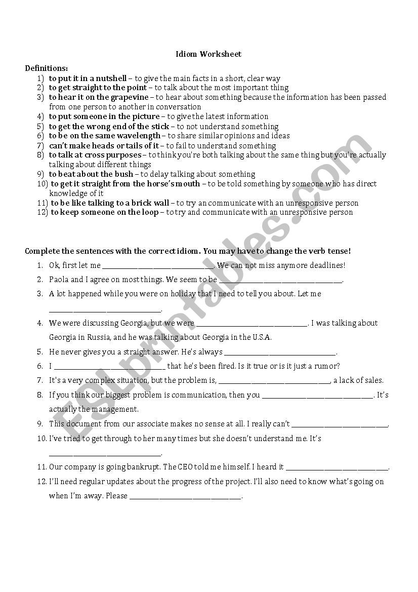 Idioms Worksheet worksheet