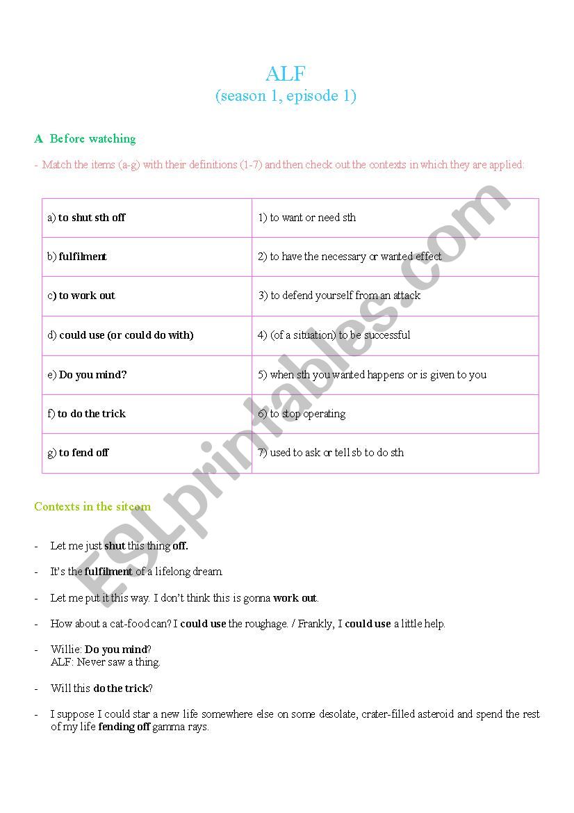 ALF (S1E1) Conditionals 1 & 2 worksheet