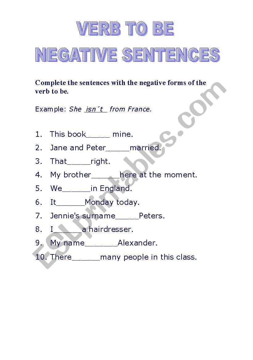 English Worksheets Negative Sentences With Verb To Be