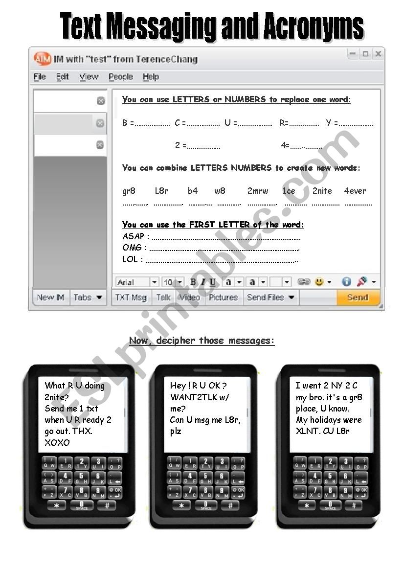 SMS LANGUAGE and ACRONYMS worksheet