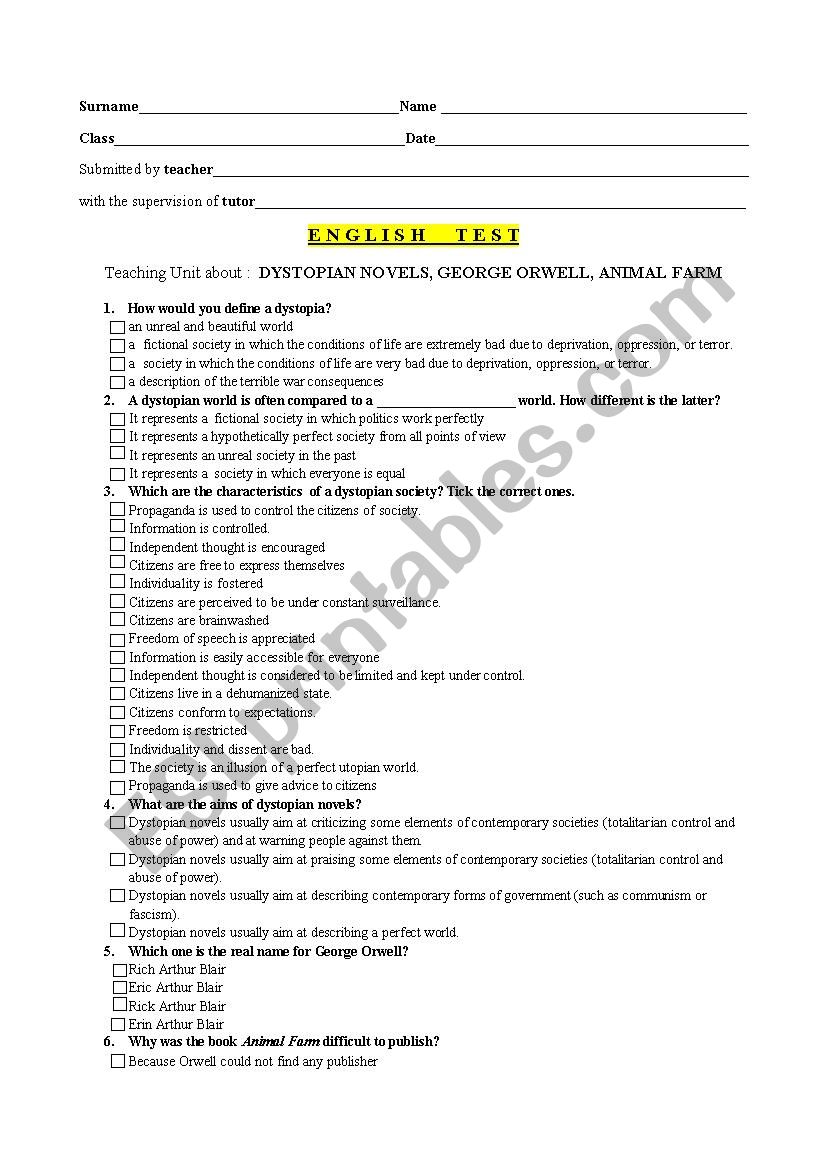 ANIMAL FARM TEST worksheet