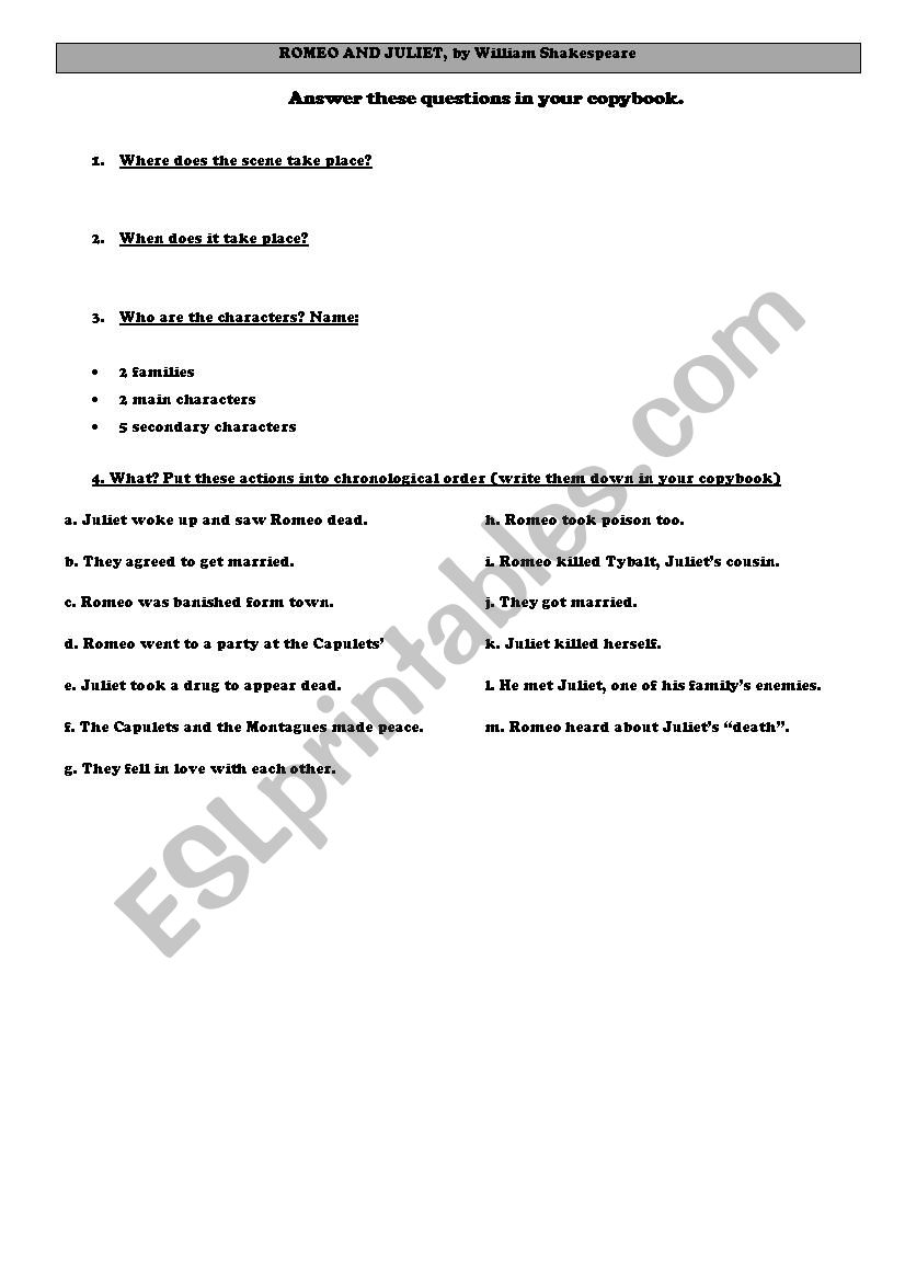 romeo and juliet worksheet