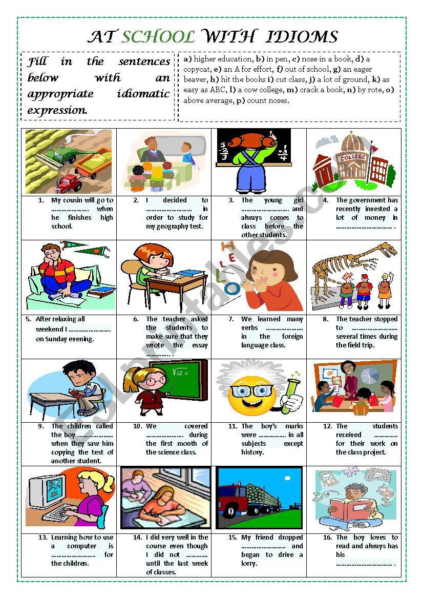 SCHOOL IDIOMS (plus key) worksheet