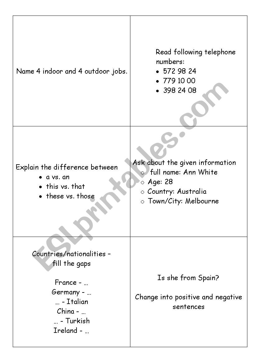 A1+ cards vocabulary and grammar